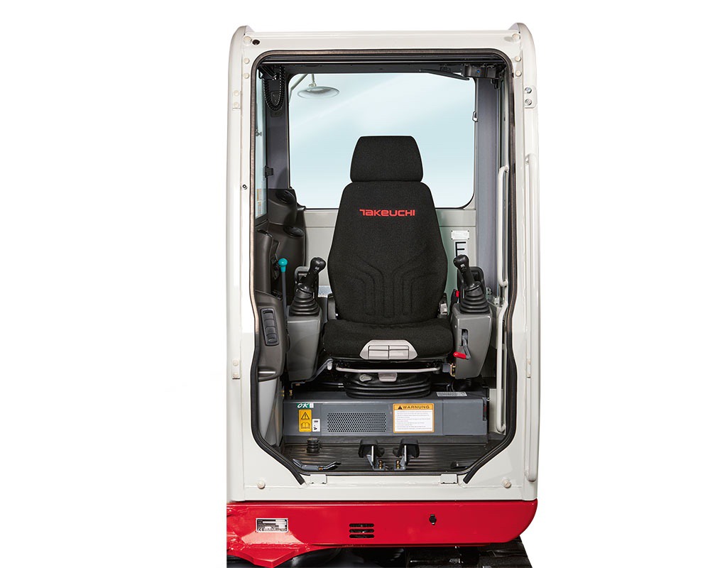 Weiß-roter Kompaktbagger Ansicht der Fahrerkabine